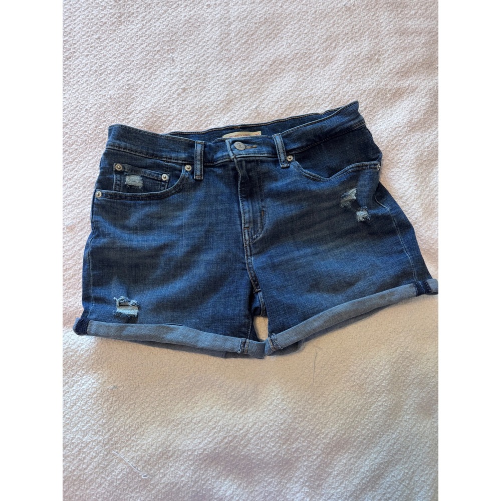 Levis Mid Length Shorts Size 30 Medium Wash Distressed Cuffed Denim Jean Shorts